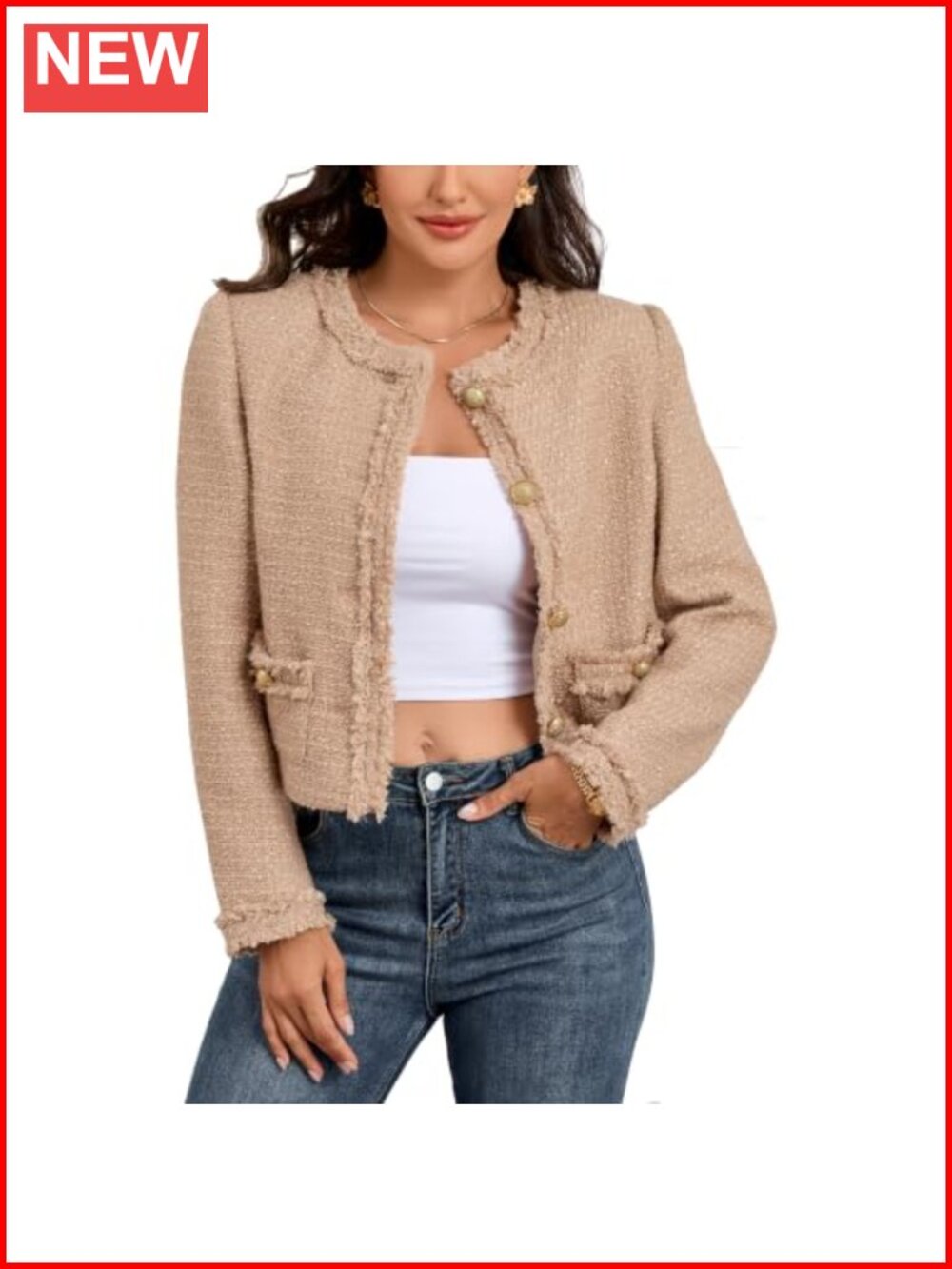 Tweed Cropped Blazer Jacket Wool Blend Business Casual